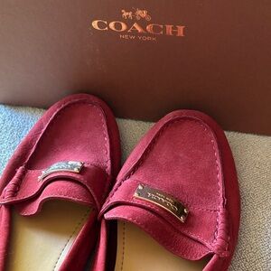 Coach Red Suede Loafers with Gold Plaque